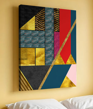 Geometric abstract design with vibrant colors and gold accents