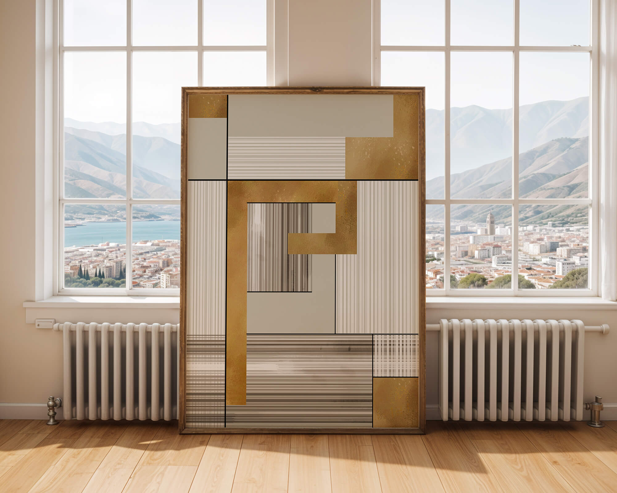 Abstract geometric pattern with gold and neutral tones