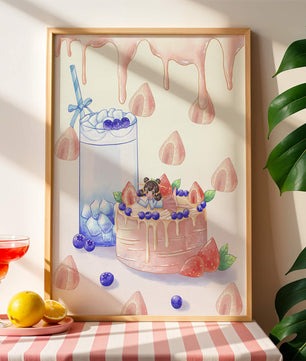 Escena de postre caprichosa con pastel y bebida con acentos juguetones