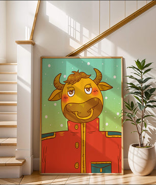 Cartoon cow character in a red coat against a snowy background