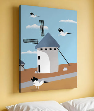 Windmill Landscape with Birds in a Minimalist Style