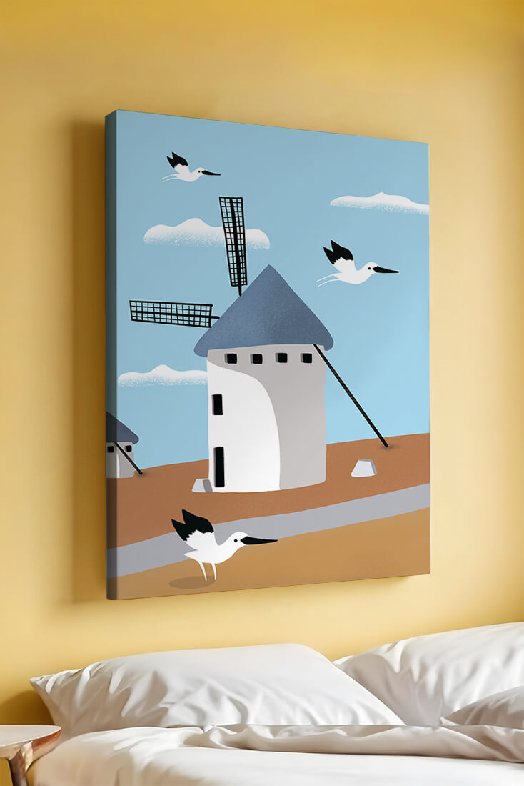 Paisaje de molino de viento con pájaros en estilo minimalista