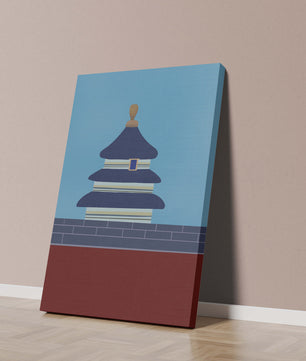 Ilustración abstracta del Templo del Cielo con detalles azules y dorados