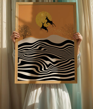 Abstract landscape with jumping deer and golden sun