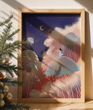 Dreamy Scene with Floating Jellyfish and Moonlit Sky