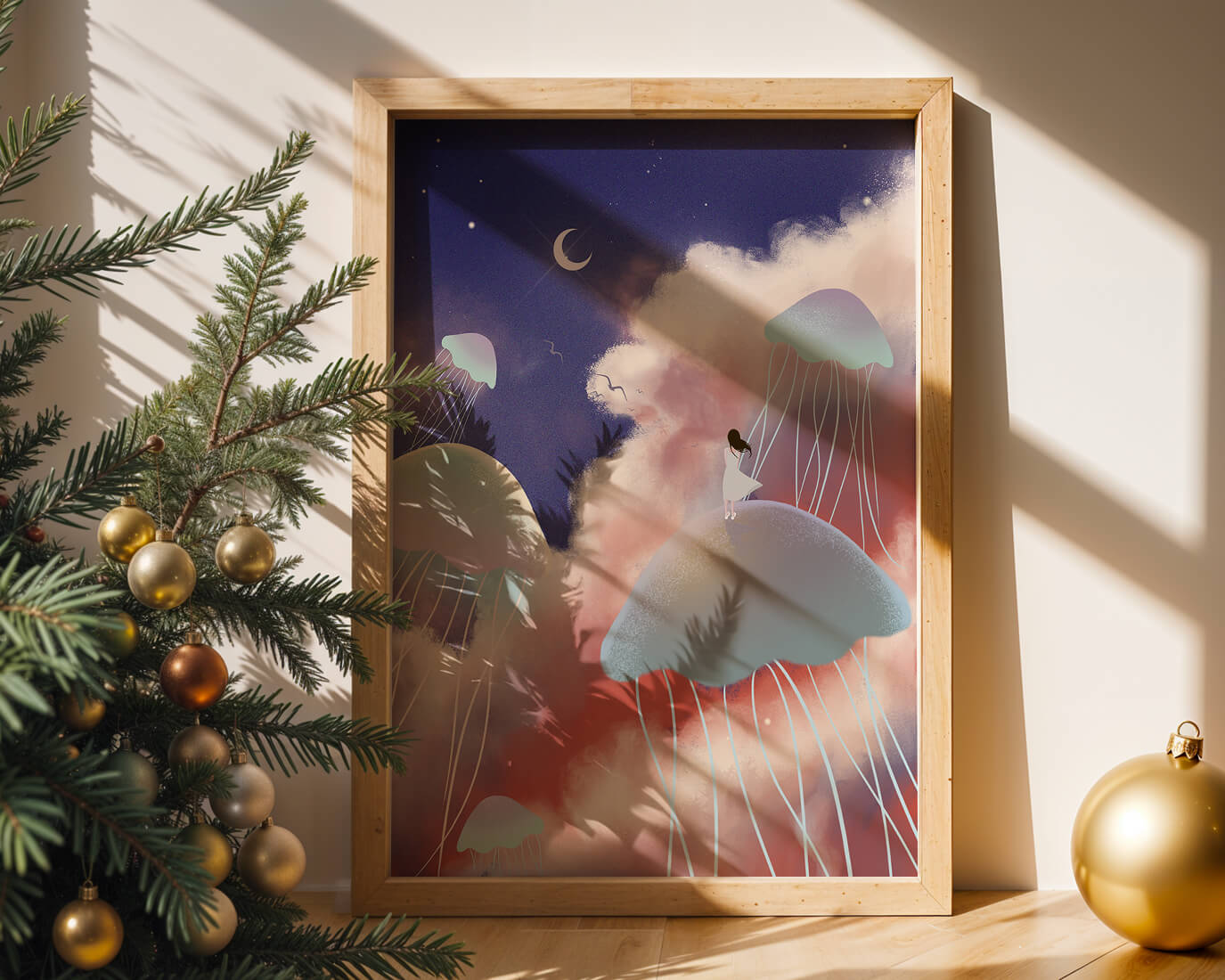 Dreamy Scene with Floating Jellyfish and Moonlit Sky