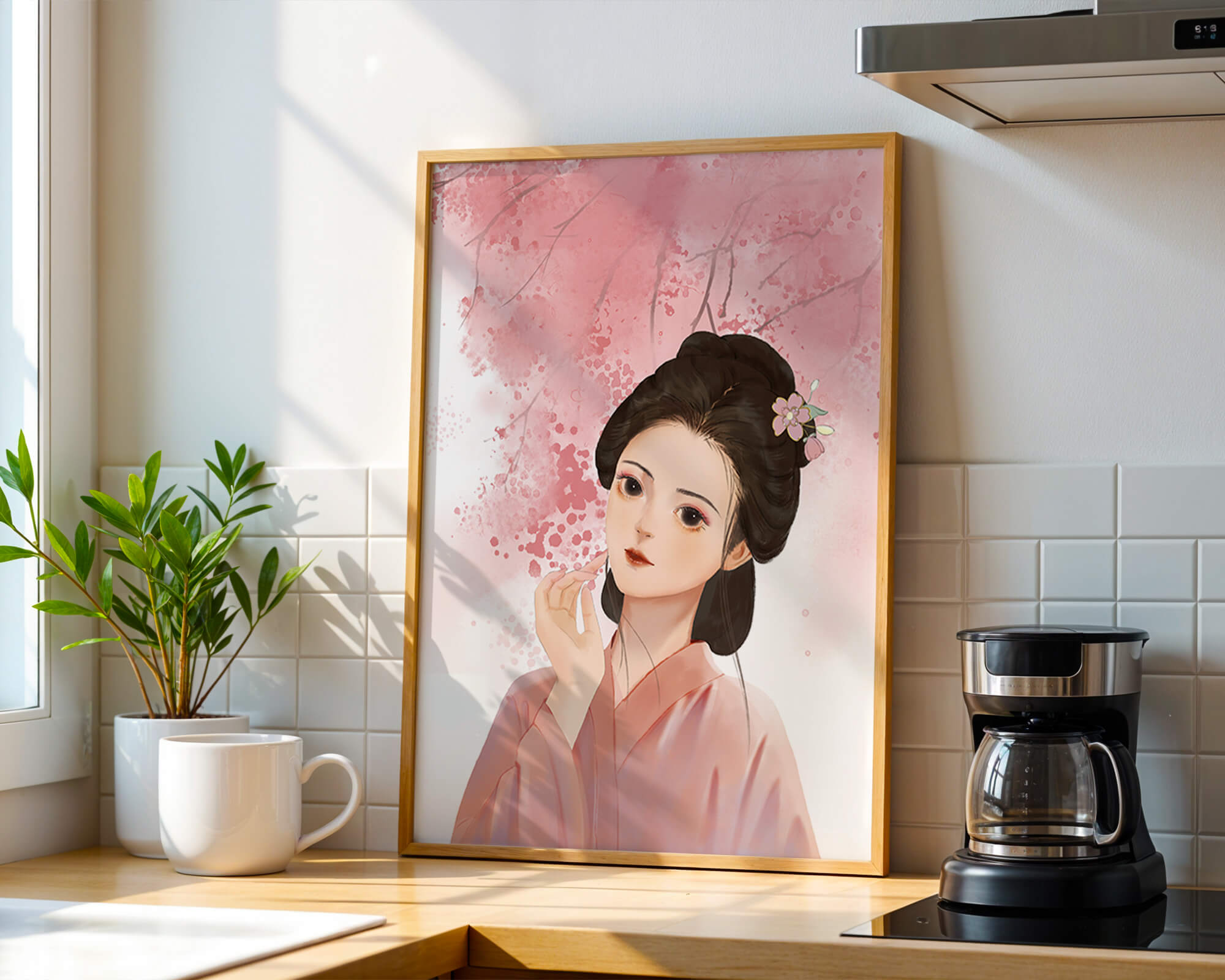 Traditional Japanese woman with pink cherry blossoms in the background