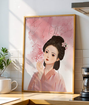 Femme japonaise traditionnelle avec des fleurs de cerisier roses en arrière-plan