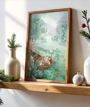Serene Pond with Wooden Boat and Bridge Under Misty Sky - Mi tienda