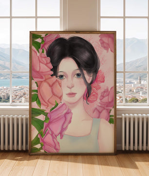 Illustration d'une femme entourée de roses roses
