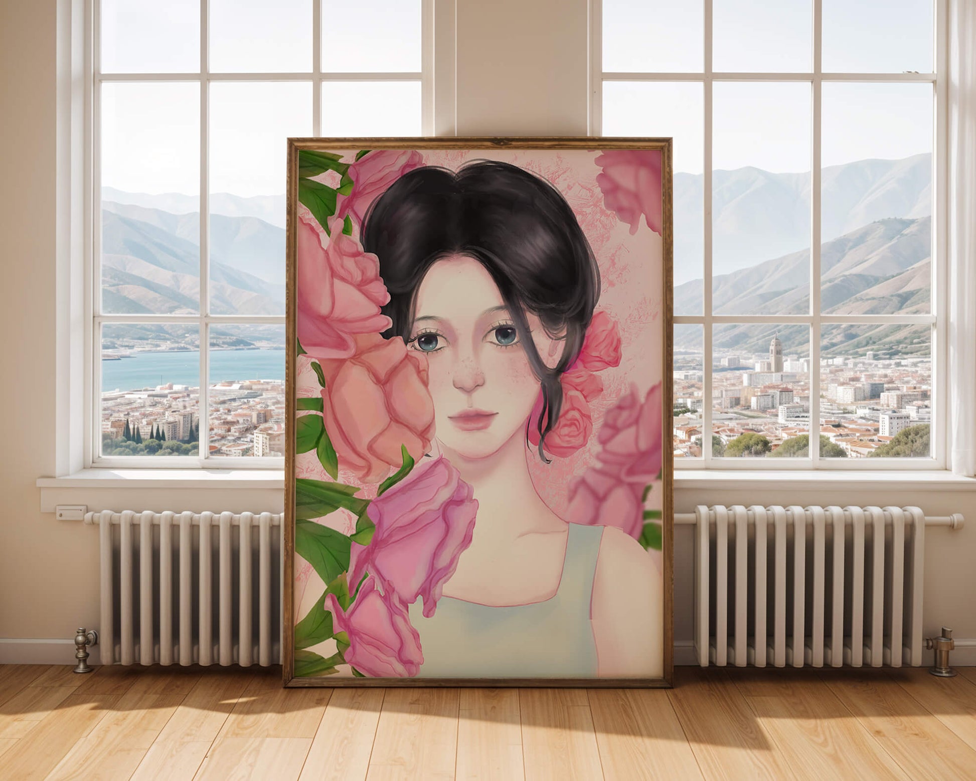 Illustration of a woman surrounded by pink roses