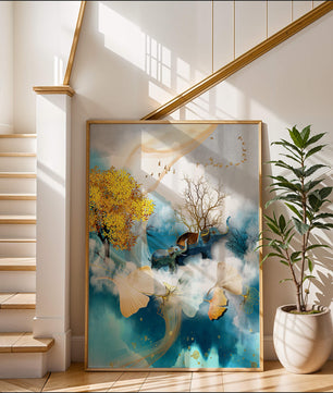 Surreal Nature Scene with Elephants and Golden Leaves