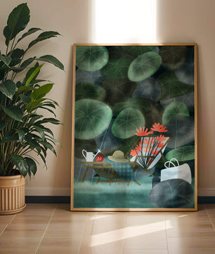 Garden Scene with Flowers, Table, and Chair in a Leafy Backdrop