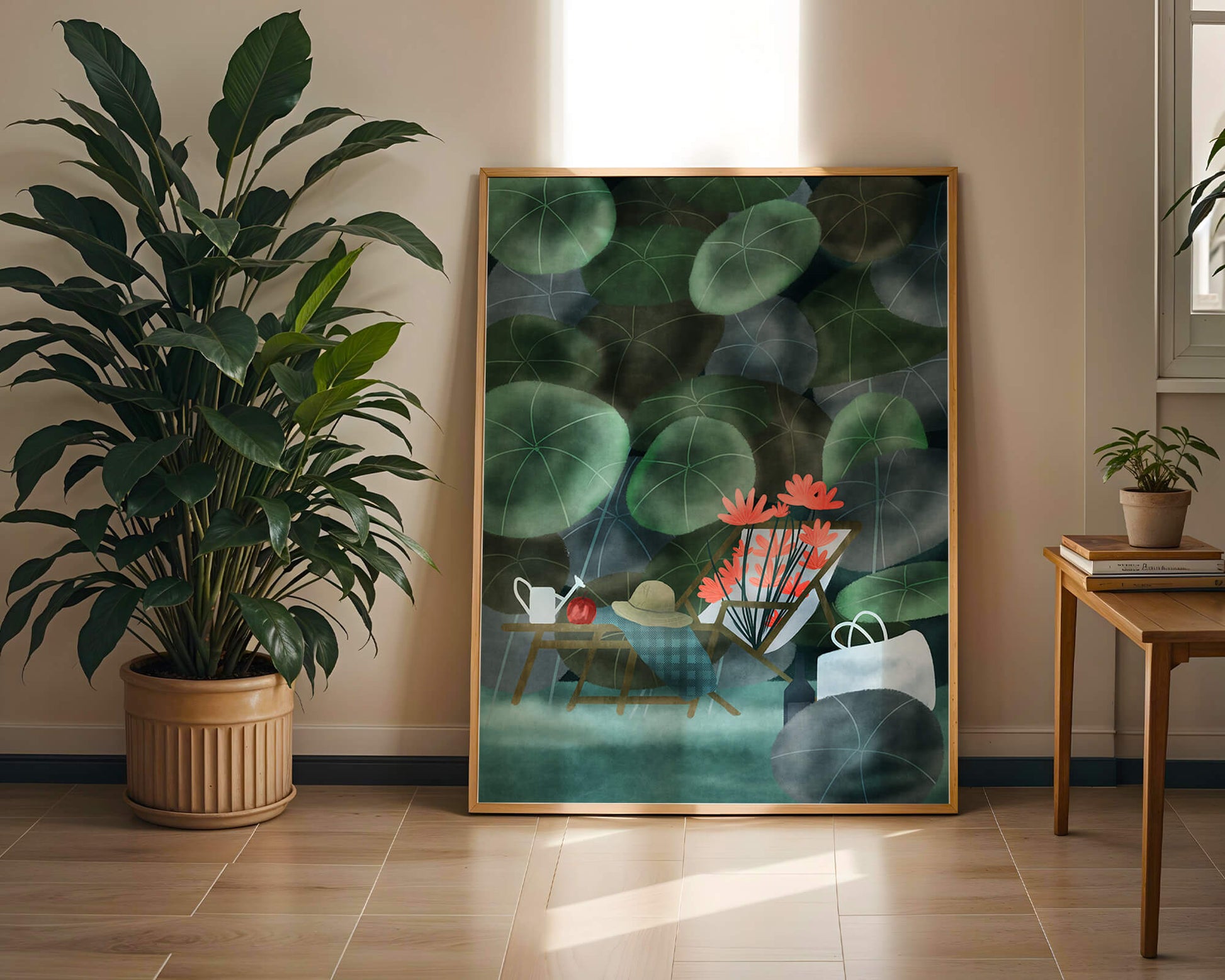 Garden Scene with Flowers, Table, and Chair in a Leafy Backdrop