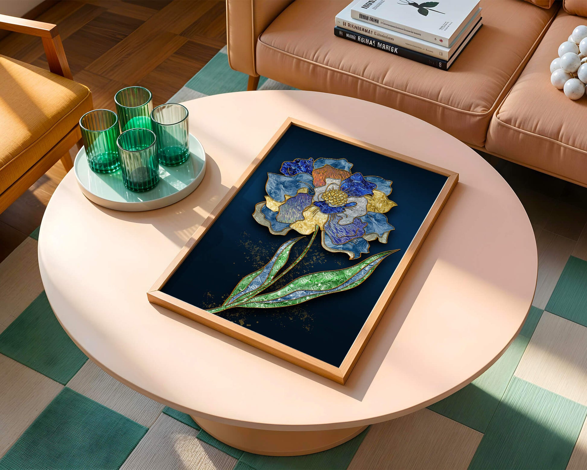Diseño floral texturizado y colorido con contornos dorados sobre fondo oscuro
