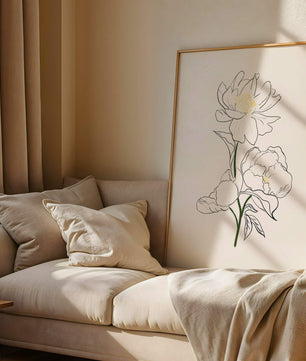 Elegante Pfingstrosen-Linienkunst mit goldenen Akzenten
