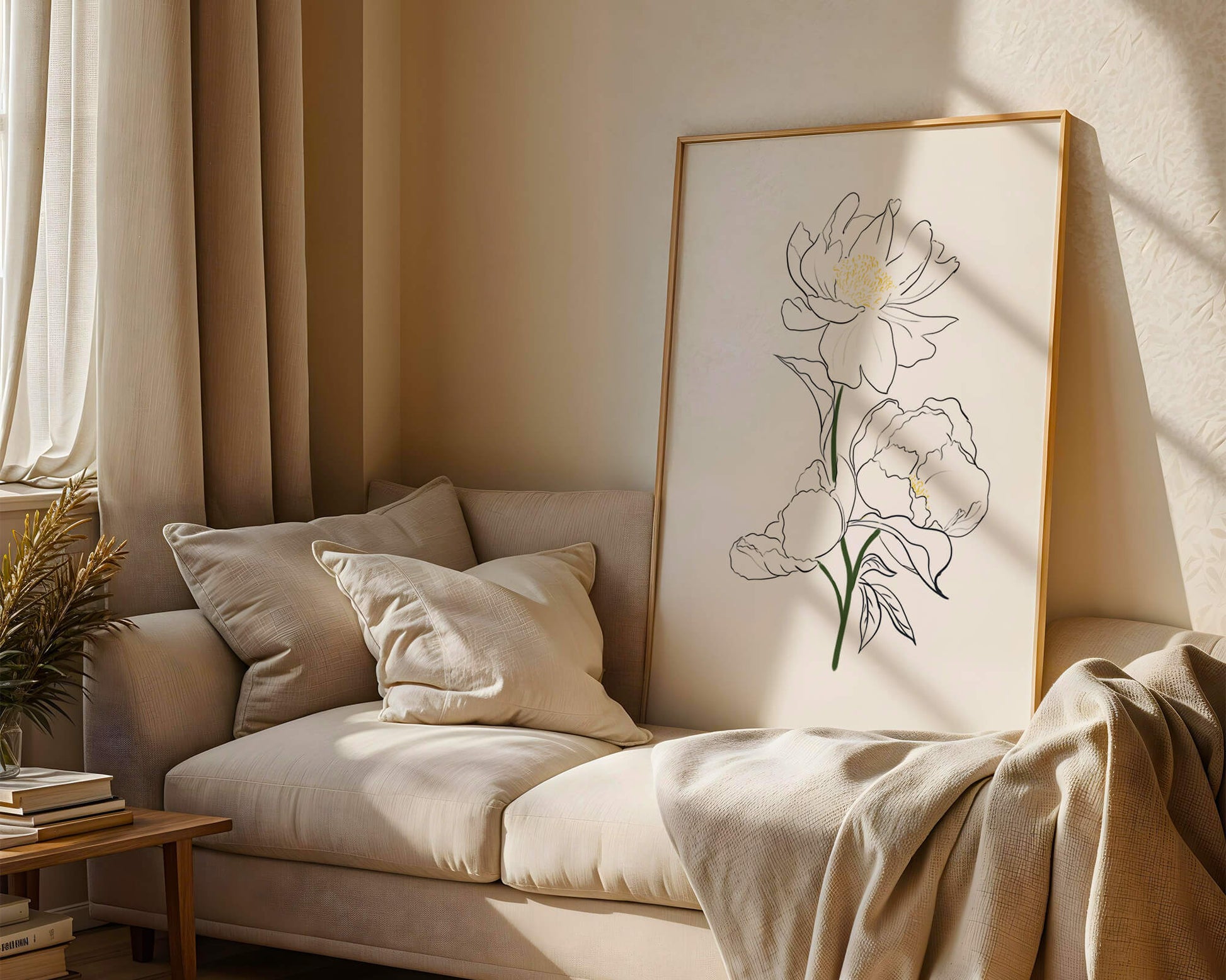 Elegante Pfingstrosen-Linienkunst mit goldenen Akzenten