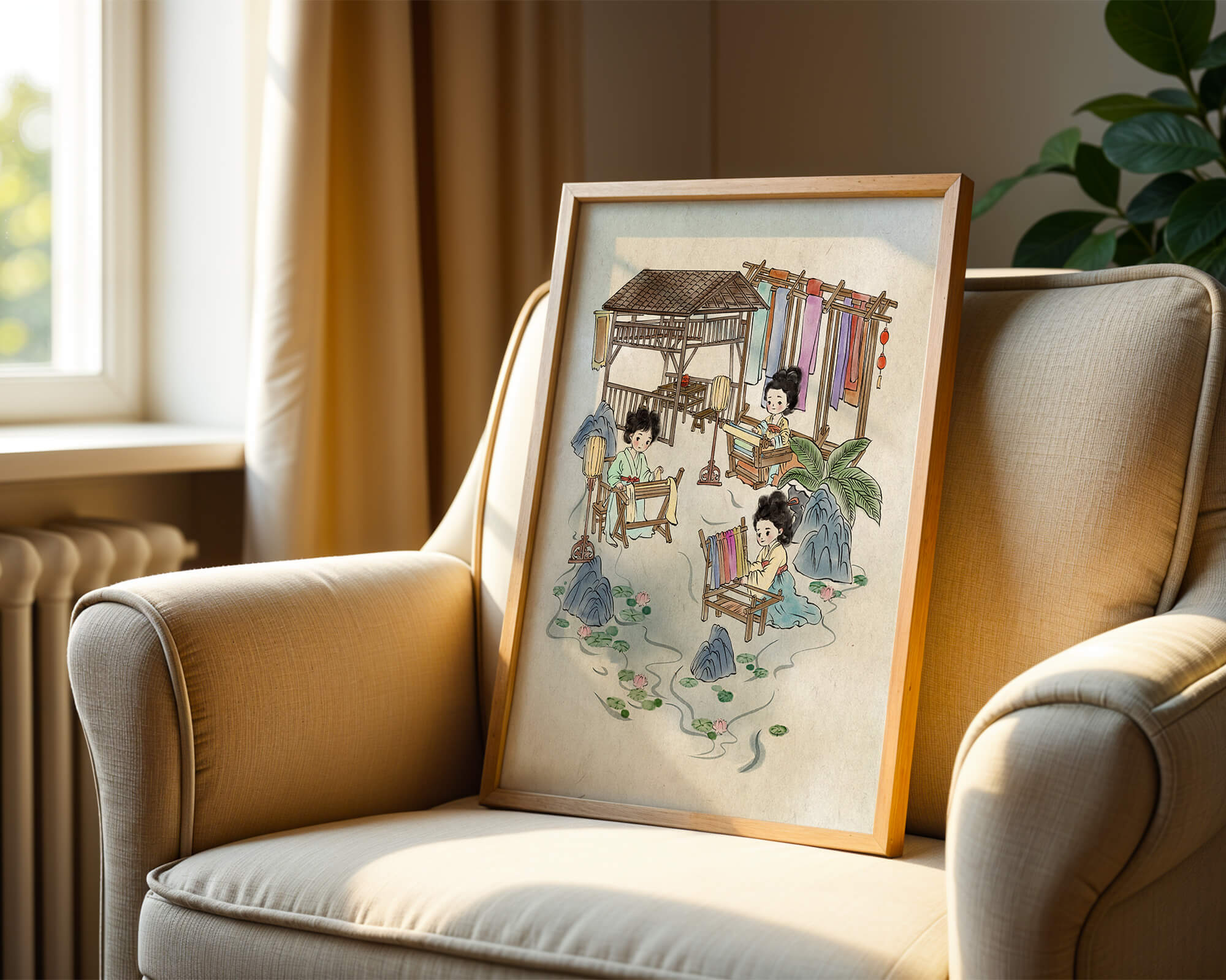Charming illustration of traditional textile crafts in a serene setting