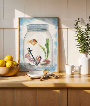 Watercolor illustration of marine life in a jar with a clownfish