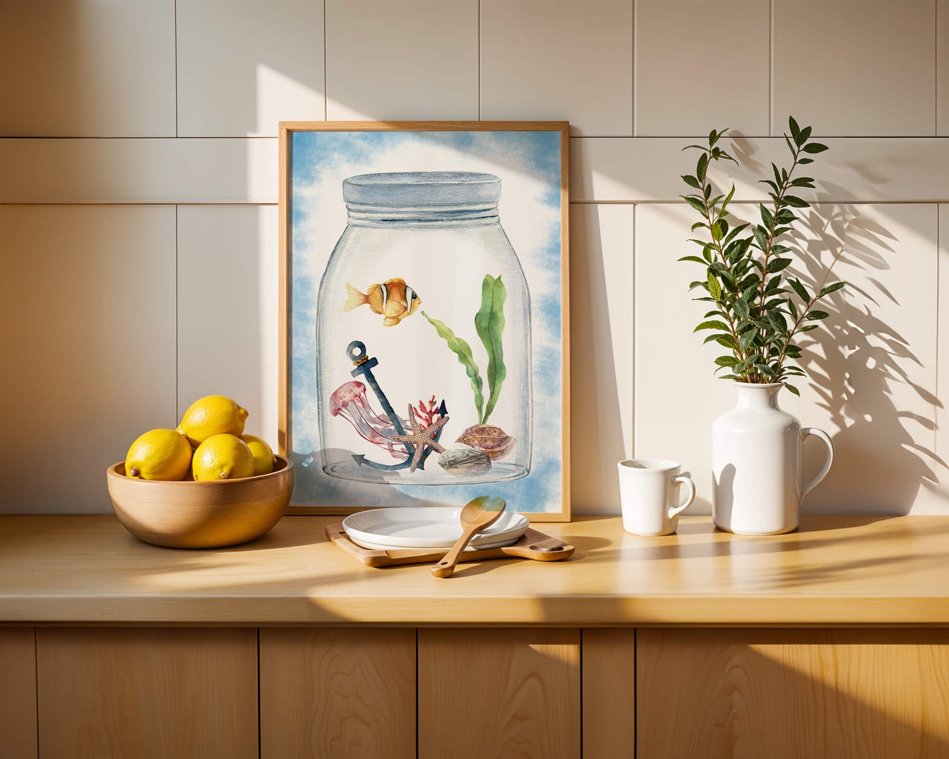 Watercolor illustration of marine life in a jar with a clownfish