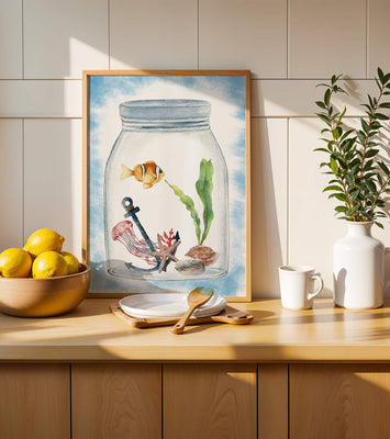Watercolor illustration of marine life in a jar with a clownfish