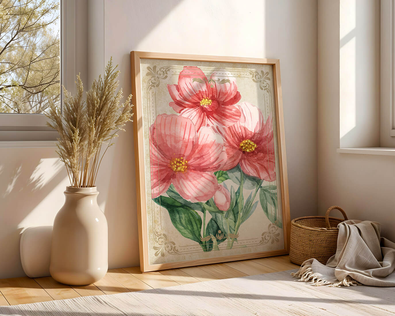 Watercolor floral illustration with pink blooms and green foliage