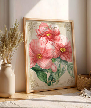 Watercolor floral illustration with pink blooms and green foliage