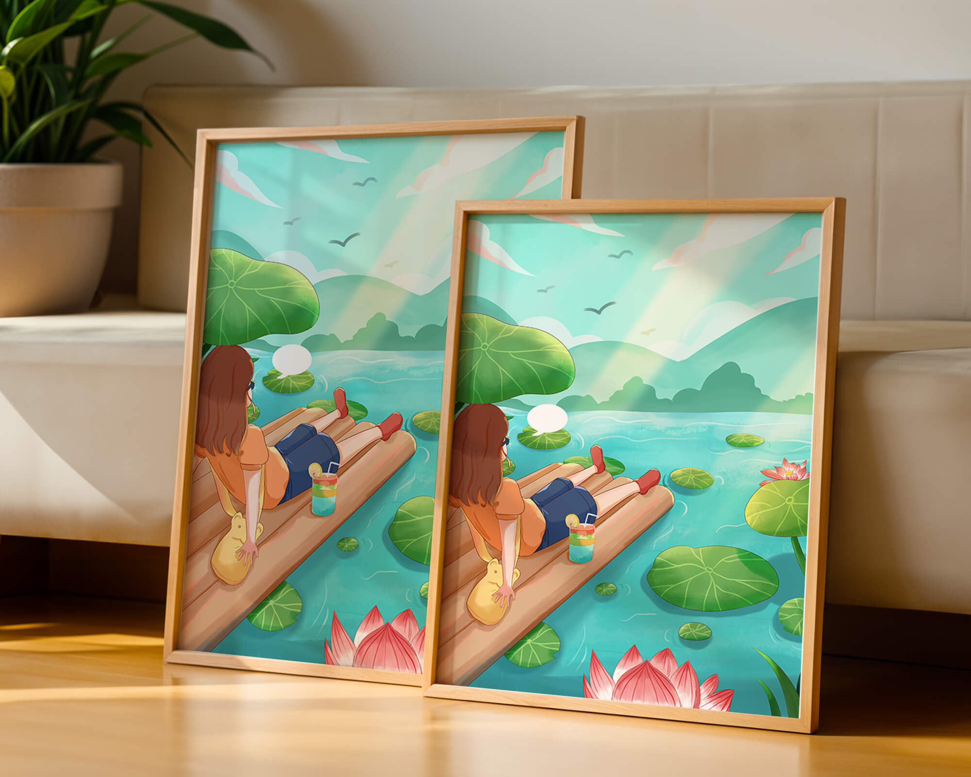 Peaceful lake scene with raft and relaxing atmosphere