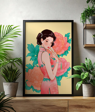 Elegant woman in traditional dress with floral background