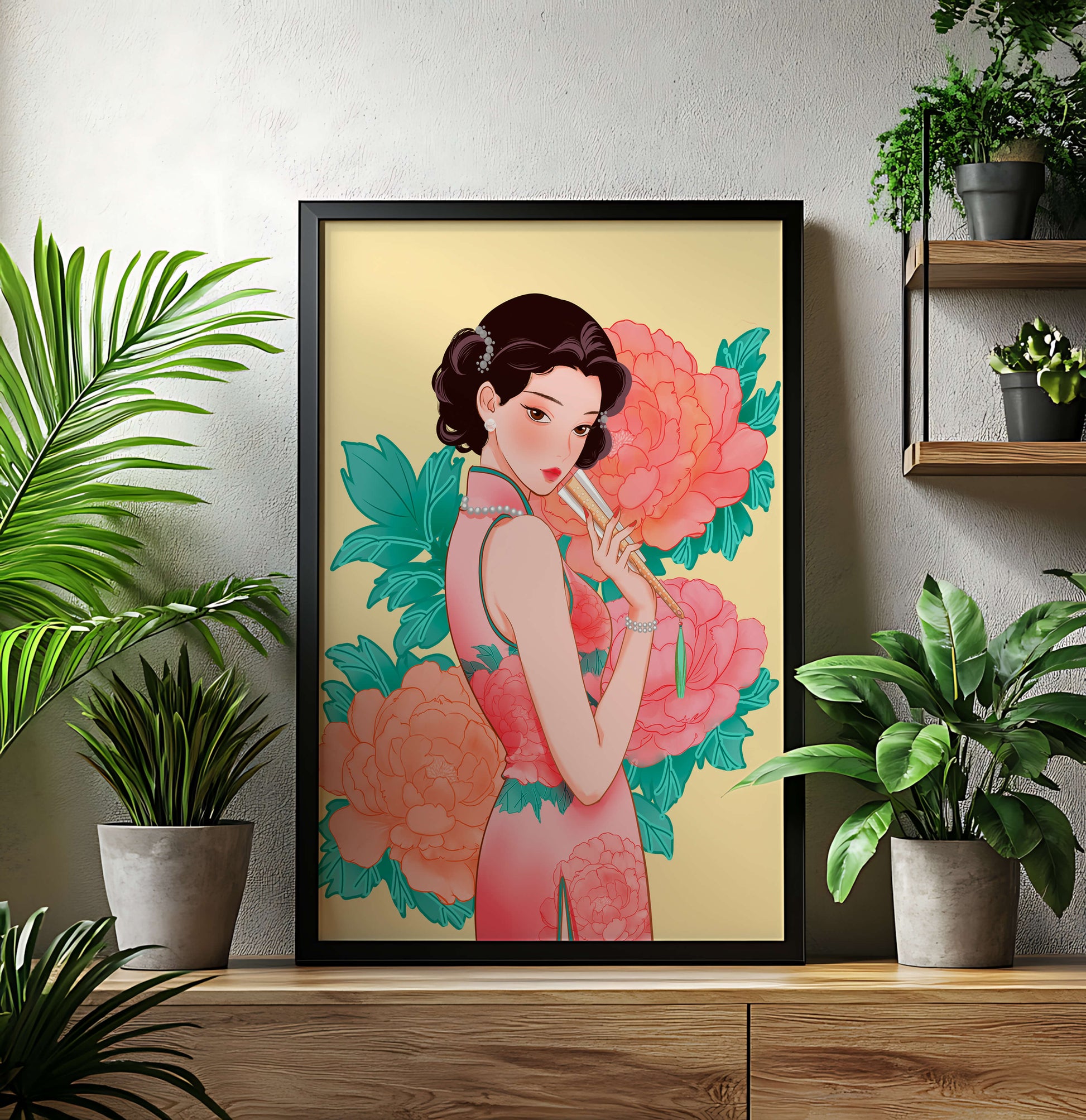 Elegant woman in traditional dress with floral background