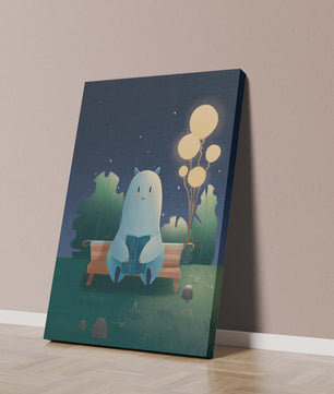 Ilustración nocturna acogedora con una criatura leyendo bajo un cielo estrellado