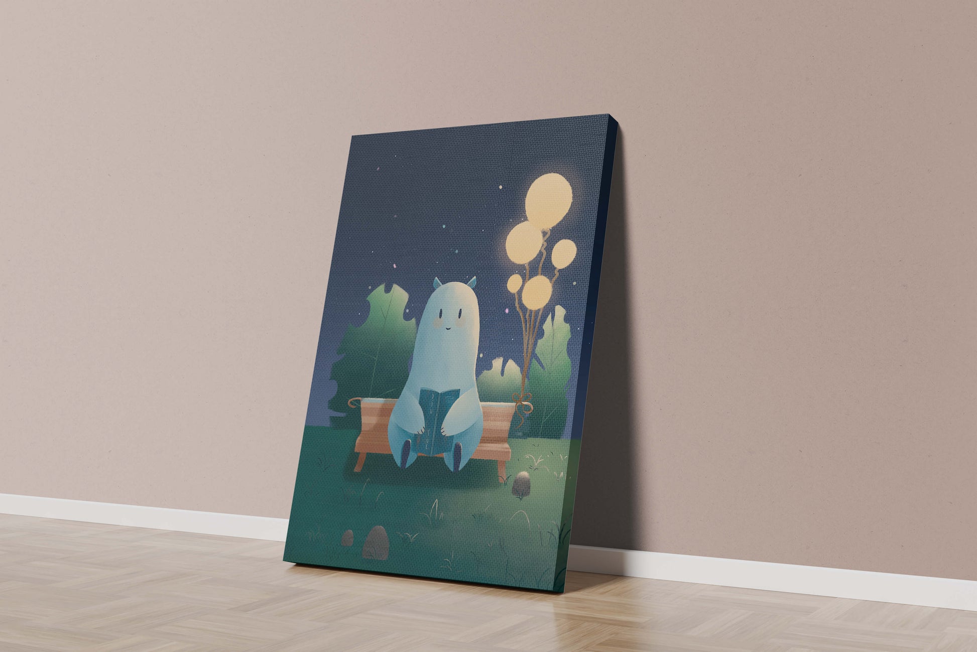Cozy nighttime illustration with a creature reading under starry sky