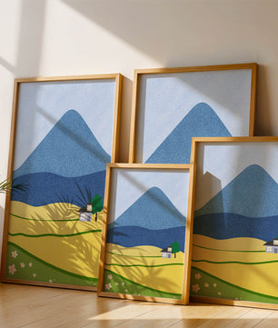 Serene Countryside Landscape with Mountain and Flowers