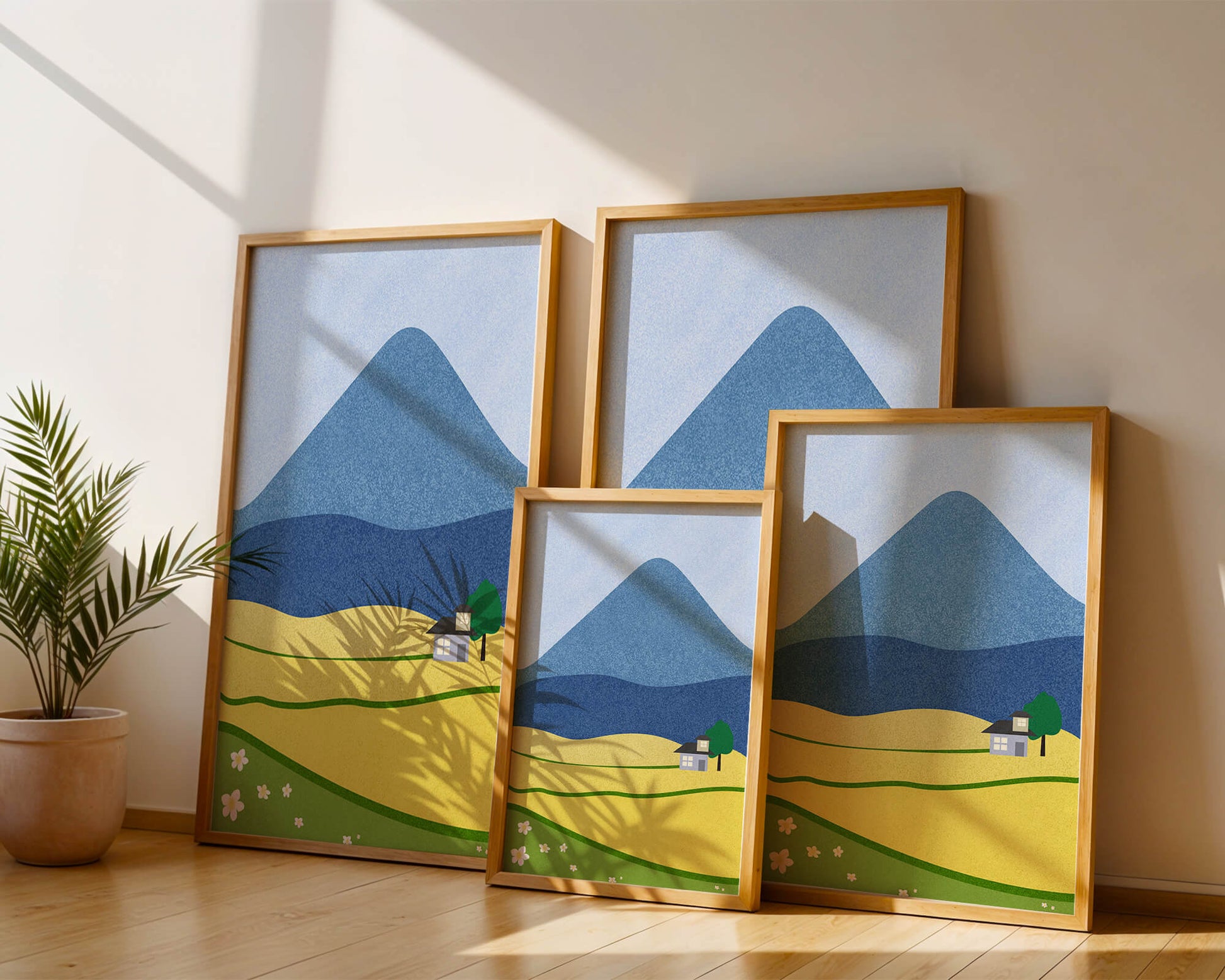 Serene Countryside Landscape with Mountain and Flowers