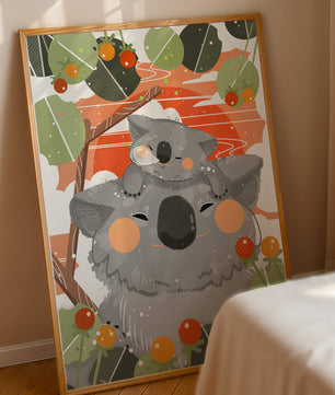 Koalas dans un cadre naturel vibrant aux tons orange et verts