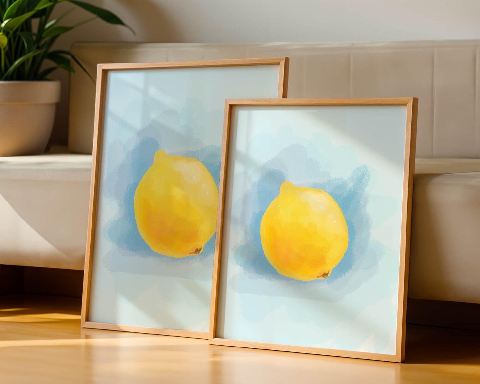 Watercolor artwork of a lemon on a blue background