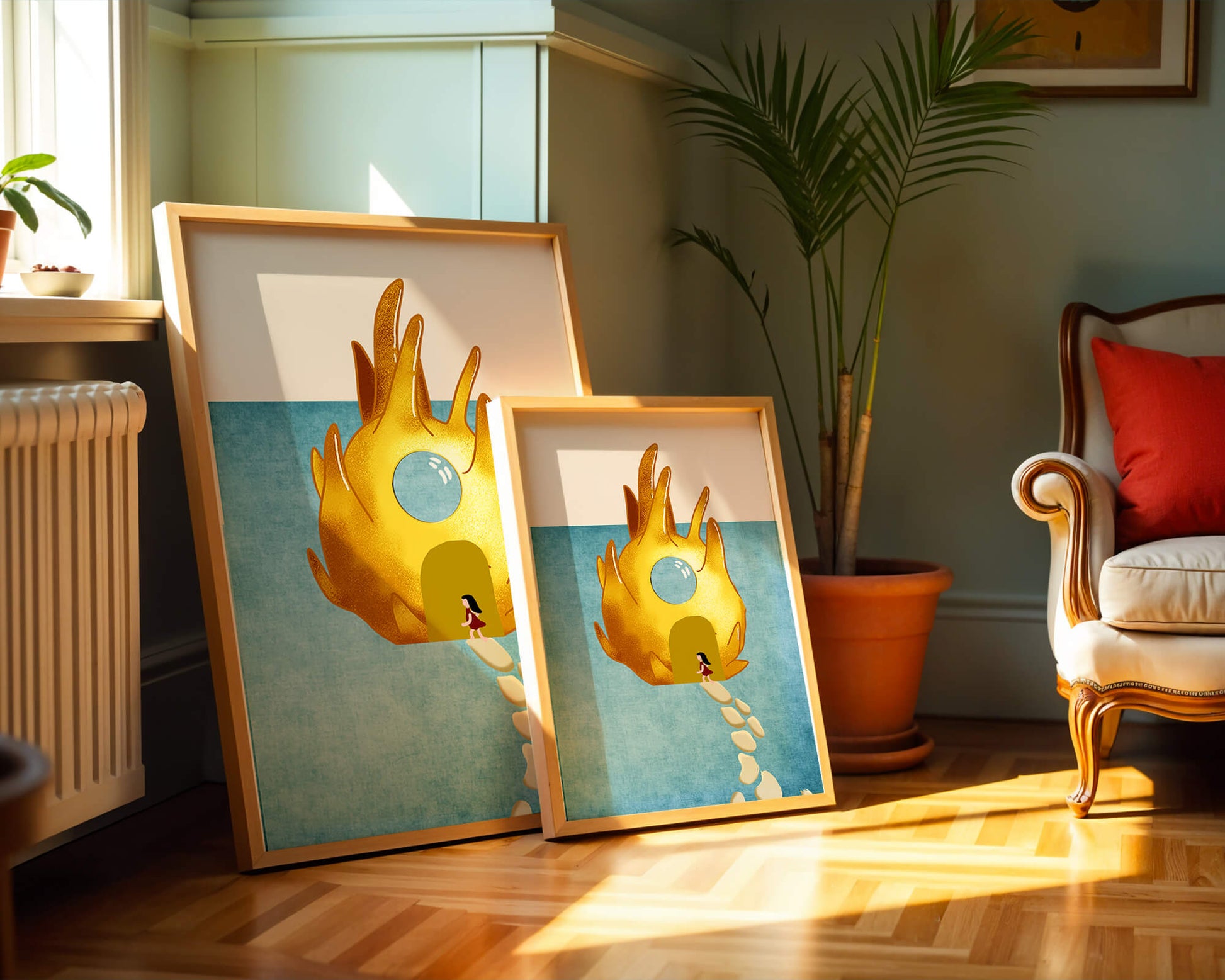 Enchanted House With Golden Flame Shape On Light Blue Background