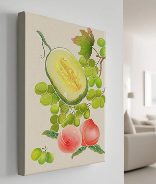 Ilustración de frutas vibrantes que incluye uvas, melón y duraznos