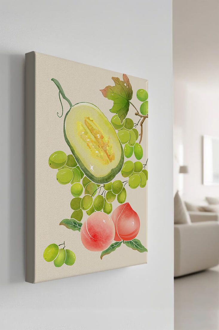Ilustración de frutas vibrantes que incluye uvas, melón y duraznos