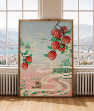 Idyllic Landscape with Lush Lychee Branches and Serene Waterscape
