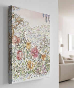 Charming Garden with Bunnies and Blossoming Trees