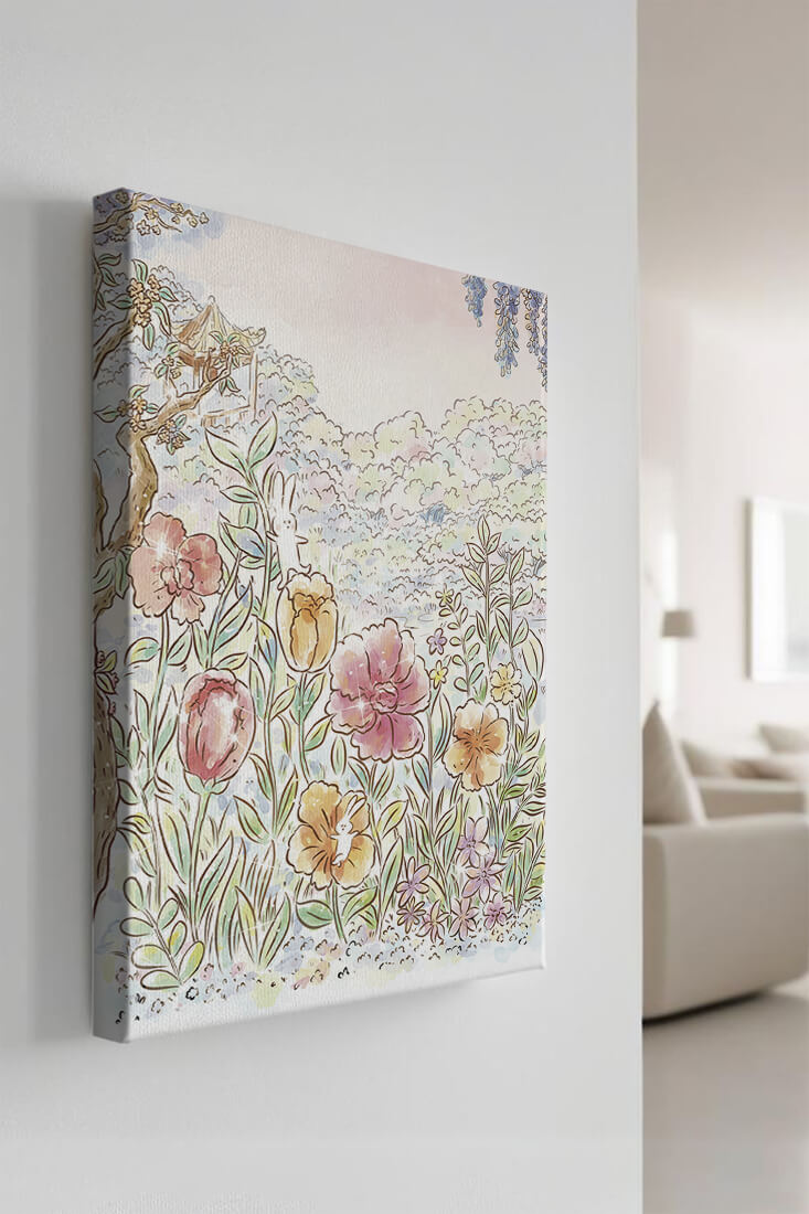 Charming Garden with Bunnies and Blossoming Trees