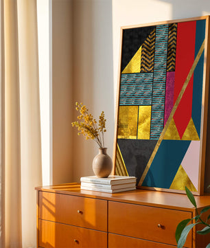 Geometric abstract design with vibrant colors and gold accents
