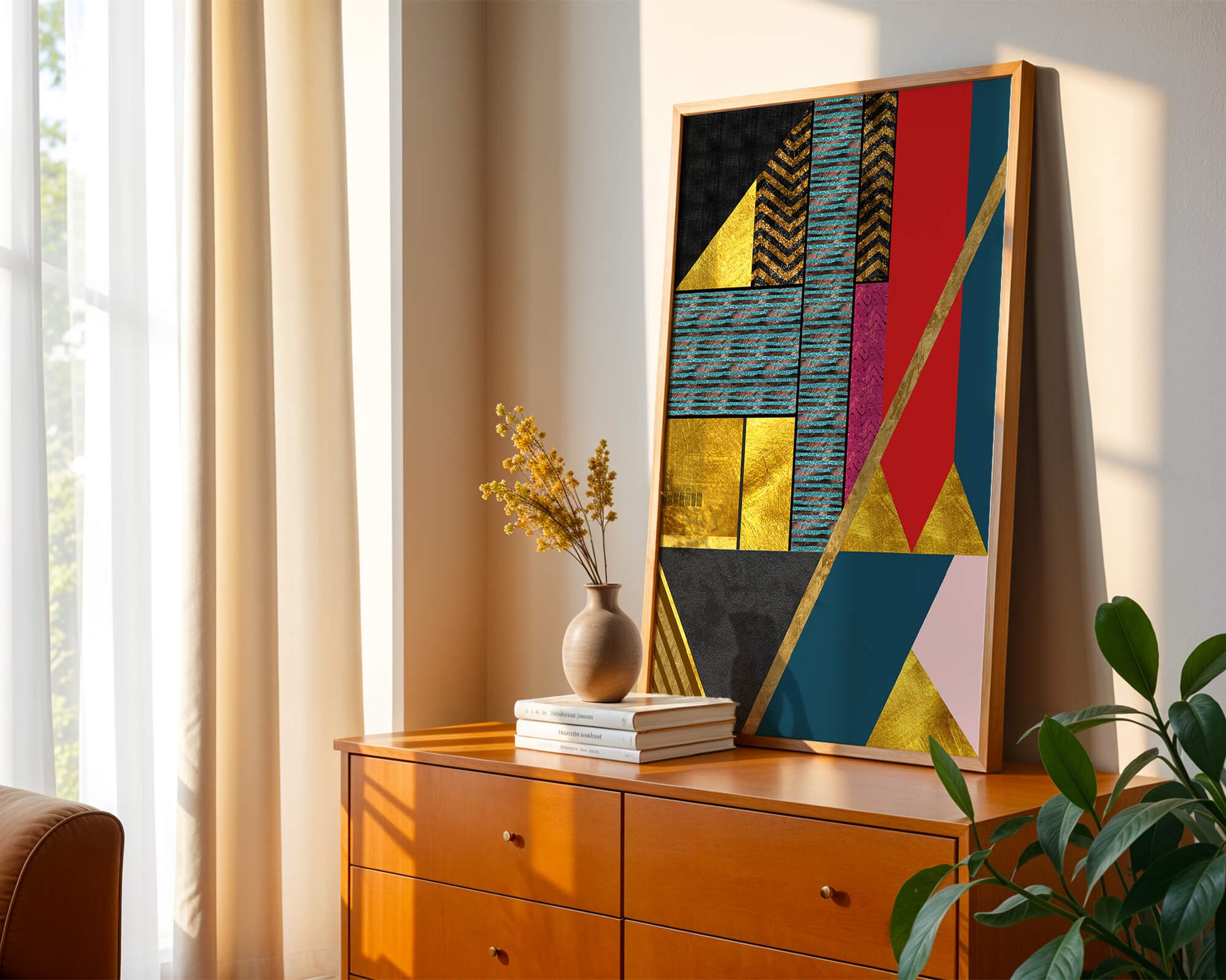 Geometric abstract design with vibrant colors and gold accents