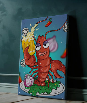 Langosta de dibujos animados juguetona sosteniendo una cerveza en un entorno caprichoso