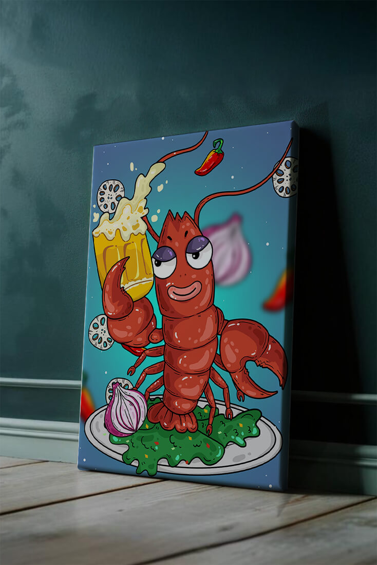 Playful cartoon lobster holding a beer in a whimsical setting