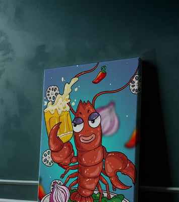 Playful cartoon lobster holding a beer in a whimsical setting