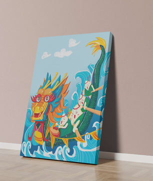 Ilustración vibrante de un dragón en un bote con remeros animados