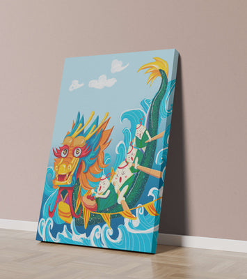Vibrant dragon boat illustration with animated paddlers