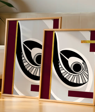 Arte geométrico abstracto con motivo de ojo y detalles dorados